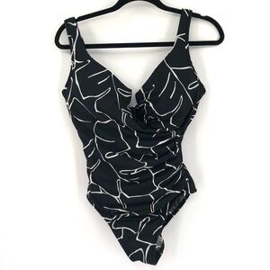 MIRACLESUIT Escape One Piece Swimsuit Ruched Slimming Black White Underwire 14